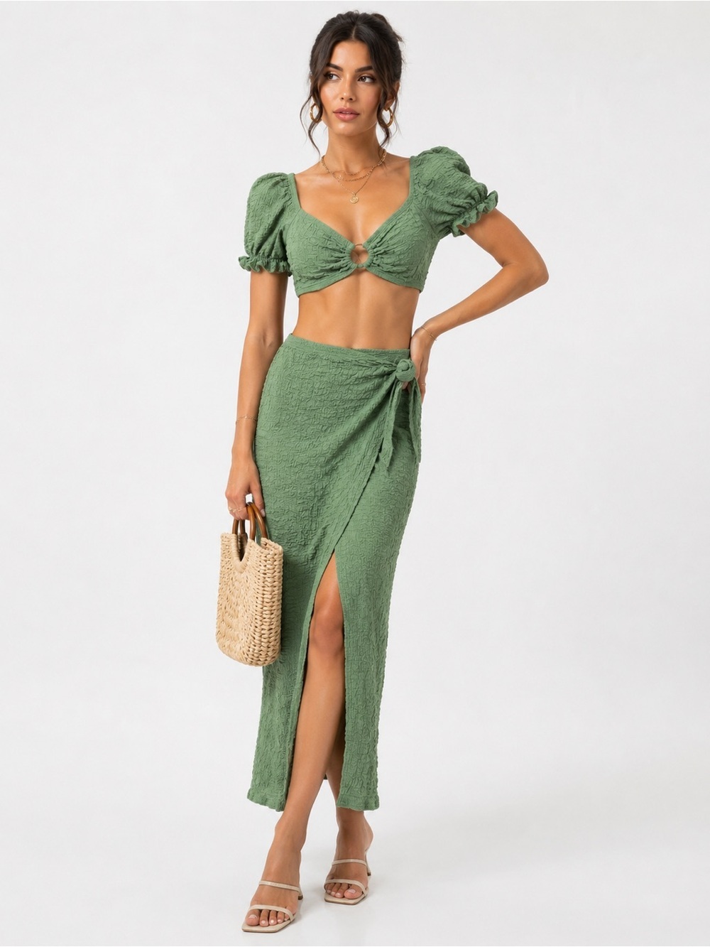 Sage Green Textured Two Piece Beach Set Wrap Skirt Puff Sleeve Top - Picture 1 of 11